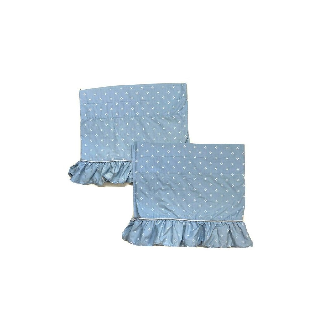 2 Vintage 1970s Blue White Ruffled Valances Curtains Short Country Shabby Chic